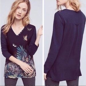 Anthropologie Akemi Kin Butterfly Fauna Henley Blouse Linen Blue Size Small